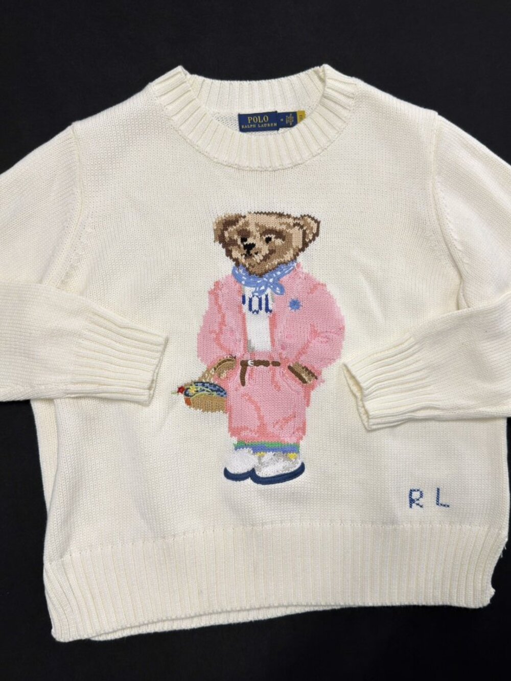 Polo Ralph Lauren Women’s Bear Cotton Blend Knit Sweater White/Pink Medium